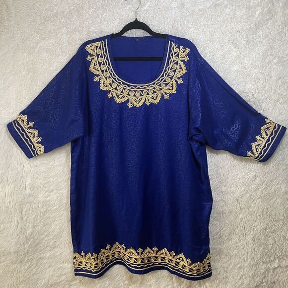 Vintage Embroidered Kaftan Kurti Royal Blue With Gold Scoop Neck - Picture 1 of 14